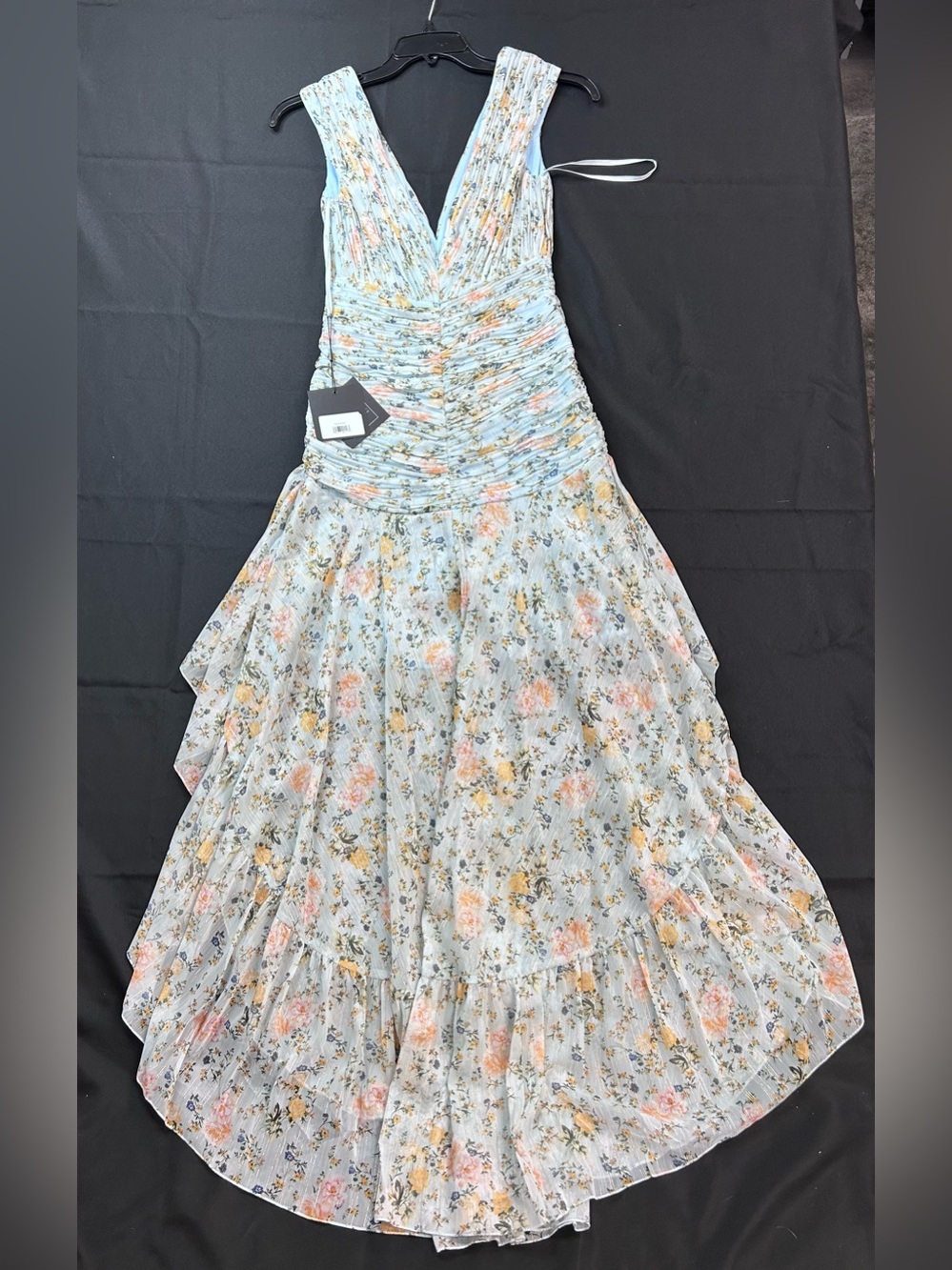 Mac Duggal 55826 NWT Blue Floral High Low Ruffle Dress - Picture 5 of 7